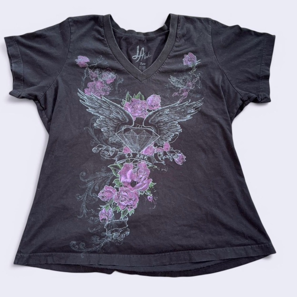 Black V-Neck Graphic Tee with Purple Floral Design